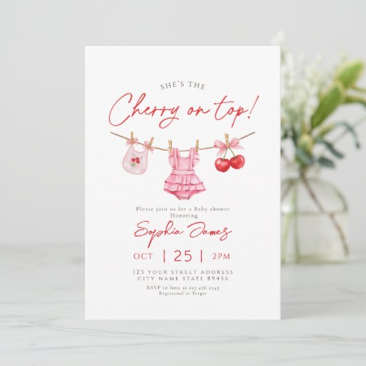 Cherry on Top Baby Shower Einladung (Stehend Vorderseite)
