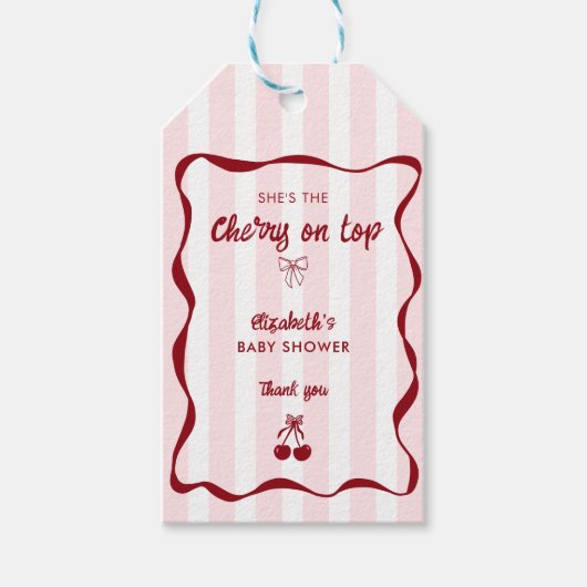 Cherry on Top Baby Shower Pink Stripes Bow Geschenkanhänger (Vorderseite)