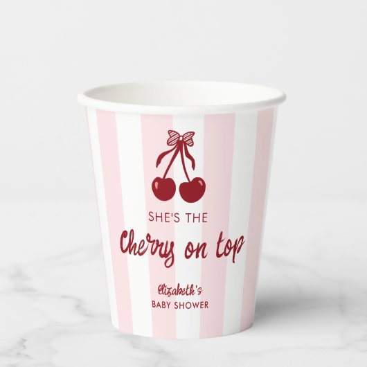 Cherry on Top Baby Shower Pink Stripes Coquette Pappbecher (Vorderseite)