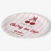 Cherry on Top Baby Shower Pink Stripes Coquette Pappteller (Schrägansicht)