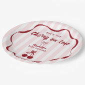 Cherry on Top Baby Shower Pink Stripes Coquette Pappteller (Schrägansicht)