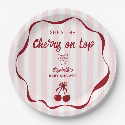 Cherry on Top Baby Shower Pink Stripes Coquette Pappteller (Vorderseite)