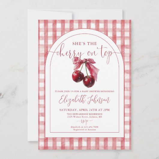 Cherry On Top Bow QR Code Girl Baby Shower Einladung (Vorderseite)