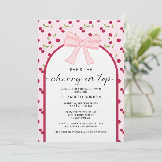 Cherry On Top Bridal Shower Coquette Bow Einladung (Stehend Vorderseite)