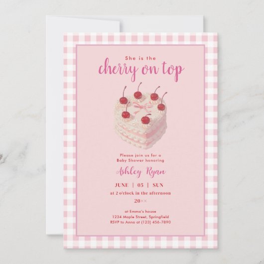 Cherry on Top Cake Pink Baby Dusche Einladung (Vorderseite)