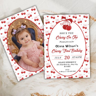 Cherry on Top Girl 1st Birthday with Photo Einladung