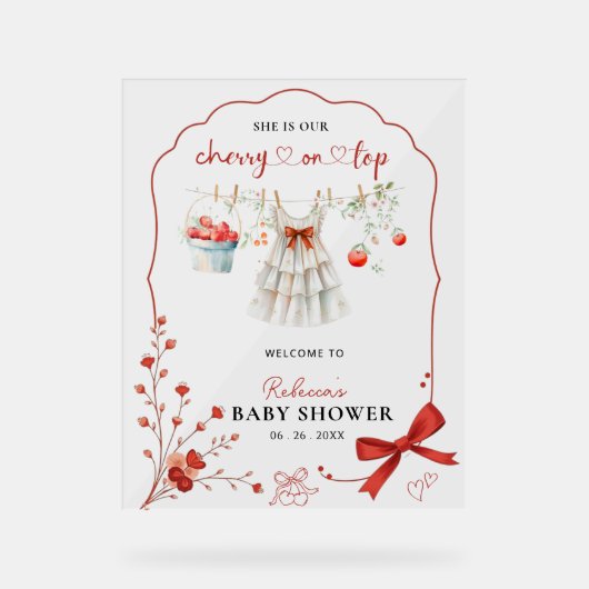 Cherry on Top Pink Bow Baby Girl Dusche Willkommen Acrylschild (Vorderseite)