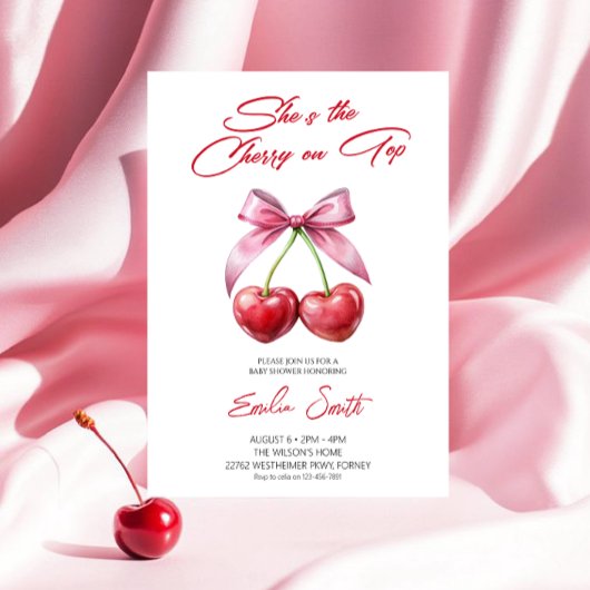  Cherry on Top pink bow Baby Shower Invitation Einladung