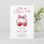  Cherry on Top pink bow Baby Shower Invitation Einladung (Stehend Vorderseite)