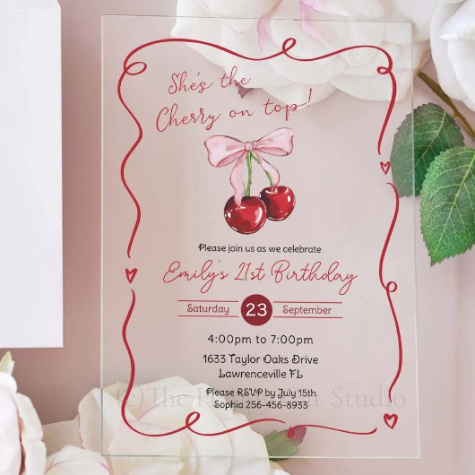 Cherry on Top Pink Bow Coquette Birthday Acryleinladungen