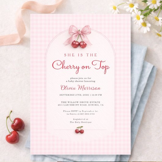 Cherry on Top Pink Bow Gingham Baby Shower Einladung