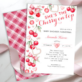 Cherry on Top - Pink Bow & Gingham Baby Shower Einladung