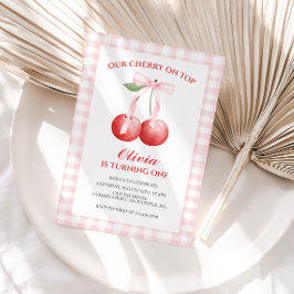 Cherry on Top Pink Bow Preppy 1. Geburtstag Einladung