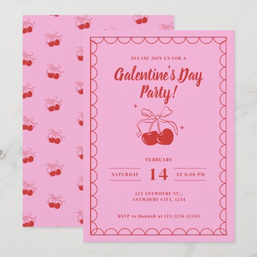 Cherry On Top Pink Galentine's Day Einladung (Vorne/Hinten)
