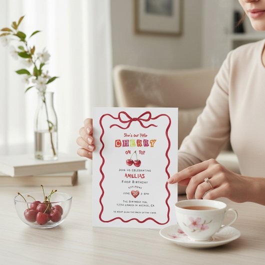 Cherry On Top Watercolor First Birthday Invitation Einladung