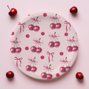 Cherry Pastel Pink & Red Bow Geburtstag Pappteller