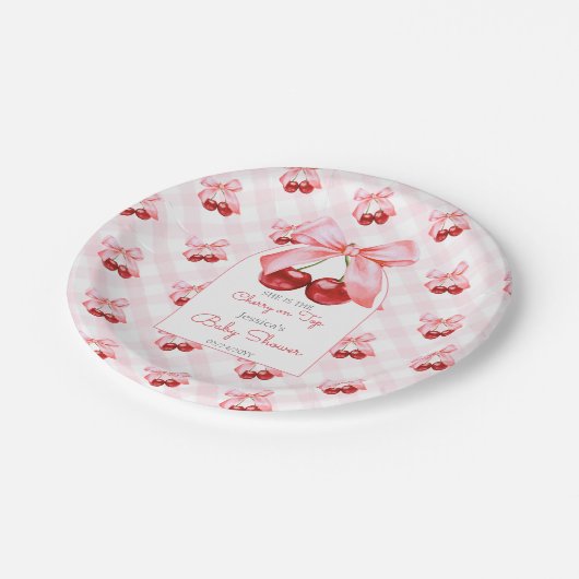 Cherry Pink Bow Baby Dusche Pappteller (Schrägansicht)
