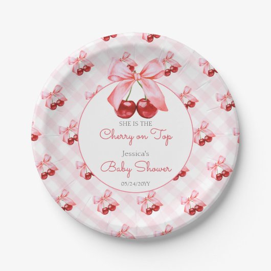 Cherry Pink Bow Baby Shower Pappteller (Vorderseite)