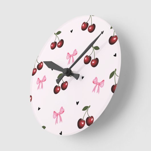 Cherry & Pink Bows Pattern - Coquette Aesthetic  Runde Wanduhr (Winkel)