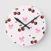 Cherry & Pink Bows Pattern - Coquette Aesthetic  Runde Wanduhr (Vorderseite)