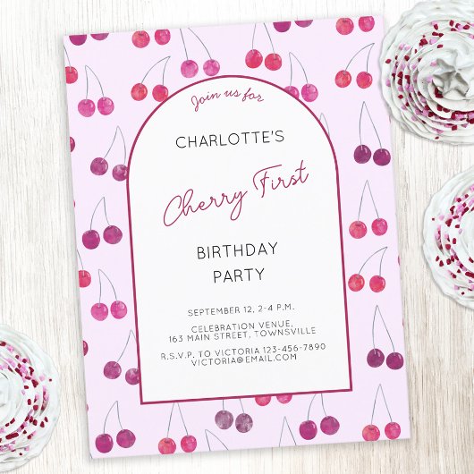 Cherry Pink erste Geburtstagsparty Einladung Postkarte