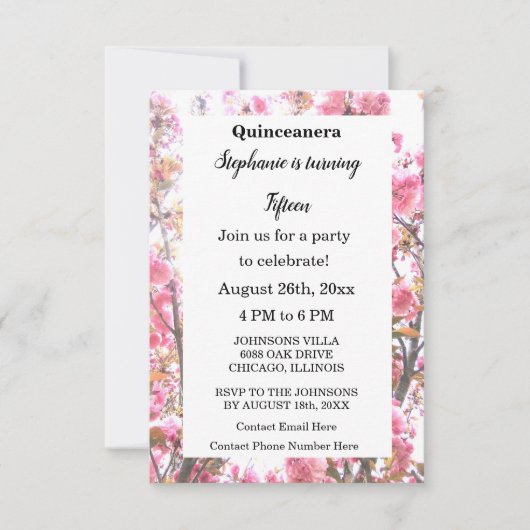 Cherry Pink Floral Quinceanera Fünfzehnte Geburtst Einladung (Vorderseite)