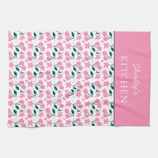 Cherry Pink Personalized Tea Towel | Custom Name K Geschirrtuch (Horizontal)