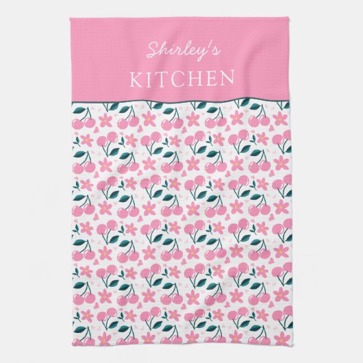 Cherry Pink Personalized Tea Towel | Custom Name K Geschirrtuch (Vertikal)