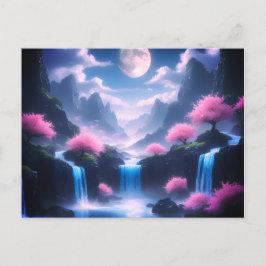cherry pink tree-Moonlit Waterfall with mountains Postkarte