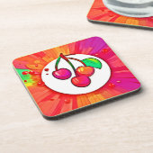 Cherry Pop Art Burst Getränkeuntersetzer (Linke Seite)