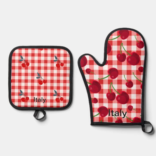 Cherry print pot holders - Italian kitchen  Ofenhandschuh & Topflappen-Set (Vorderseite)