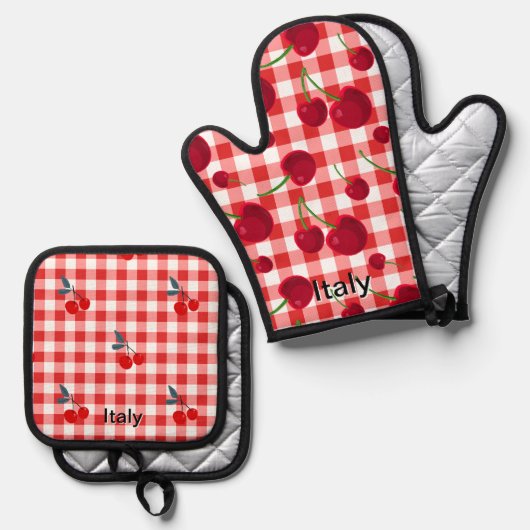 Cherry print pot holders - Italian kitchen  Ofenhandschuh & Topflappen-Set (Vorderseite/Rückseite)