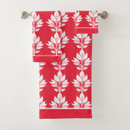 Cherry Red and White Elegant Leaf Muster Badhandtuch Set
