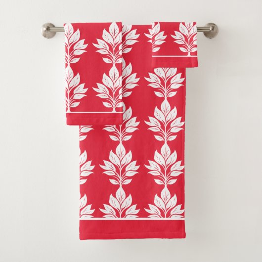 Cherry Red and White Elegant Leaf Muster Badhandtuch Set (Insitu)