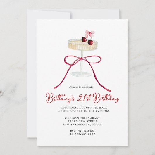 Cherry Red Bow Champagne 21st Birthday Invitation Einladung (Vorderseite)
