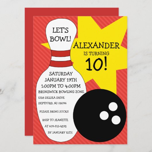 Cherry Red Bowling Bash Bowling Birthday Party Einladung (Vorne/Hinten)