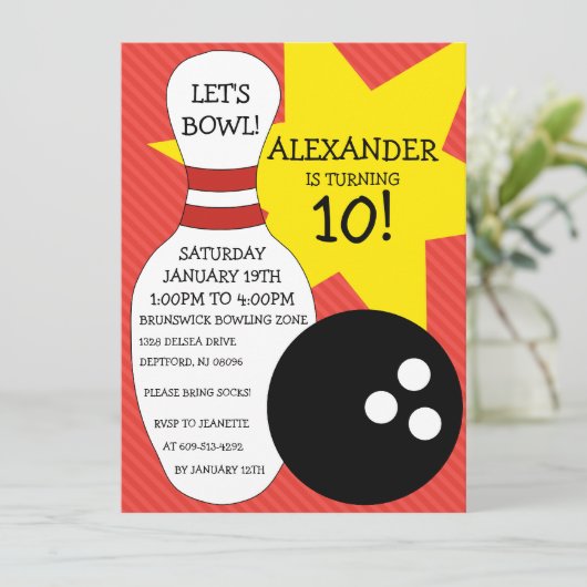 Cherry Red Bowling Bash Bowling Birthday Party Einladung (Stehend Vorderseite)