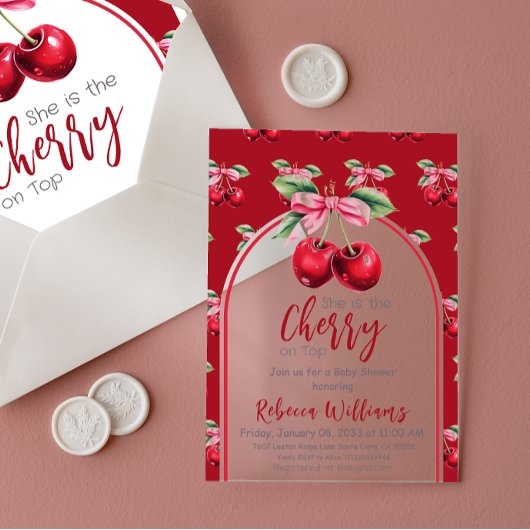 Cherry Red Coquette Bow Girl Baby Dusche Acryleinladungen