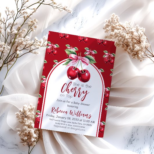 Cherry Red Coquette Bow Girl Baby Dusche Einladung