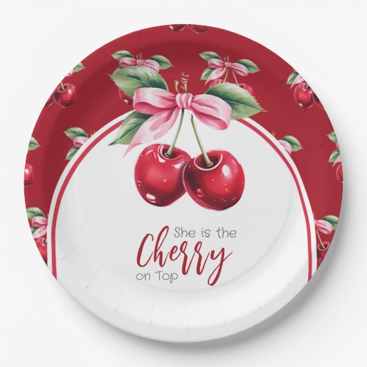 Cherry Red Coquette Bow Girl Baby Dusche Pappteller (Vorderseite)