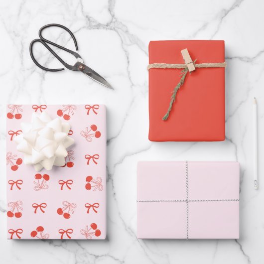 Cherry Red Coquette Bow Girly Wrapping Paper Set Geschenkpapier Set (Vorderseite)