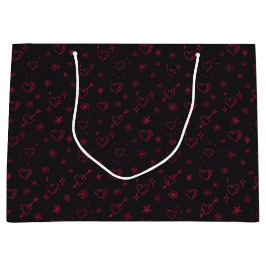 Cherry Red Doodle Blume und Herz Gemustert Große Geschenktüte (Vorderseite)