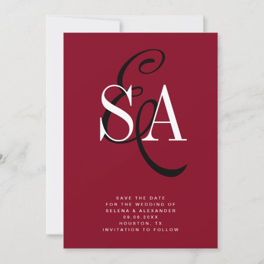 Cherry Red Elegant Script Monogram Wedding Save The Date (Vorderseite)