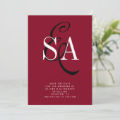 Cherry Red Elegant Script Monogram Wedding Save The Date (Stehend Vorderseite)