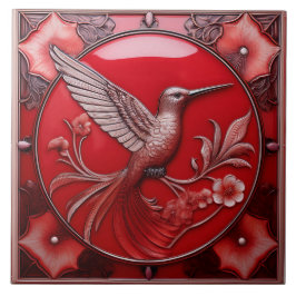 Cherry red faux relief Art Nouveau Hummingbird R Fliese