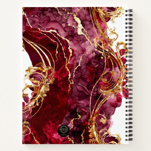 Cherry Red & Gold Monogram Name Script Notebook Notizblock (Rückseite)