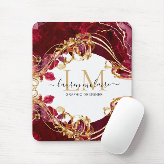 Cherry Red & Gold Monogram Script Mousepad (Mit Mouse)