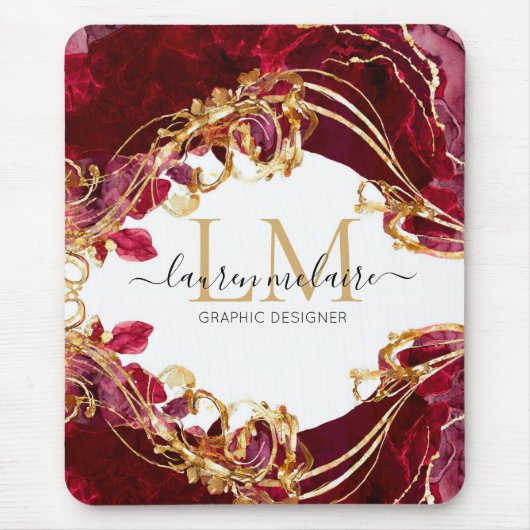 Cherry Red & Gold Monogram Script Mousepad (Vorne)