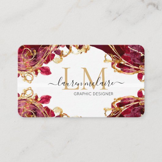 Cherry Red & Gold Monogram Script Visitenkarte (Vorderseite)