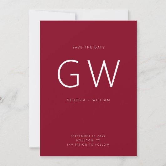 Cherry Red Minimal Typografy Monogram Save The Date (Vorderseite)